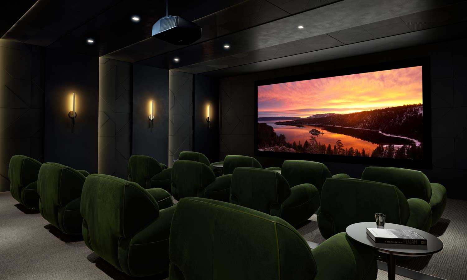 Luxurious home theater with plush green reclining seats facing a large screen displaying a vivid sunset landscape, with a ceiling-mounted projector and ambient wall lights.