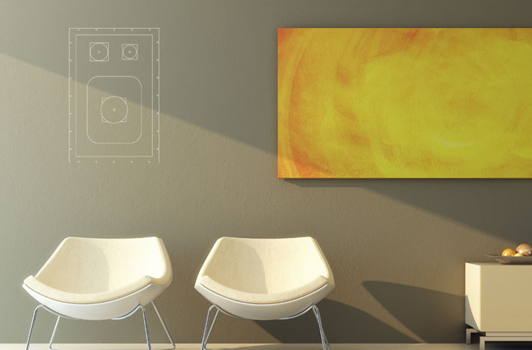 Modern interior with two white curved chairs beneath a large yellow‑orange abstract painting and a small side table to the right.