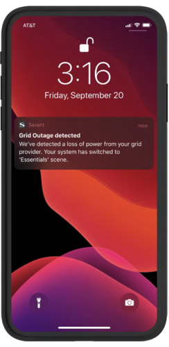 iPhone lock-screen at 3:16 p.m. displaying a Savant push notification: “Grid Outage detected – system switched to ‘Essentials’ scene.”