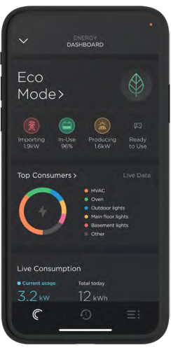 Savant Energy Dashboard phone screen in “Eco Mode” with green leaf icon; shows importing 1.9 kW, in-use 96 %, producing 1.6 kW, status icons, donut chart of top consumers and live consumption stats.