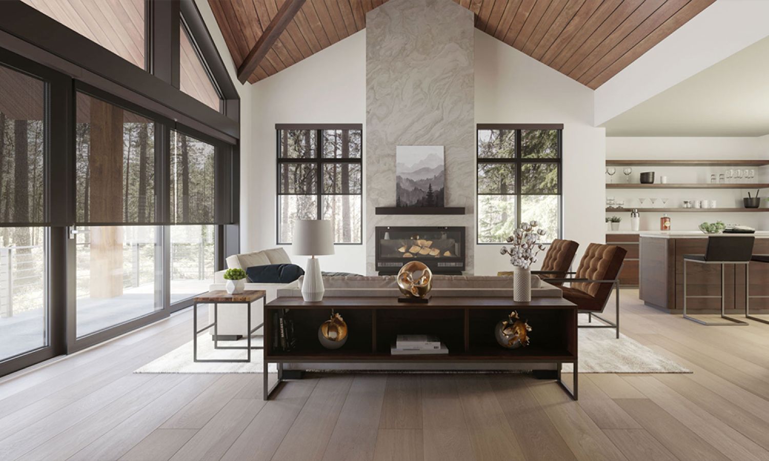 Spacious living room with vaulted wood ceiling, floor-to-ceiling windows fitted with dark motorized shades, stone fireplace, and open-plan kitchen.