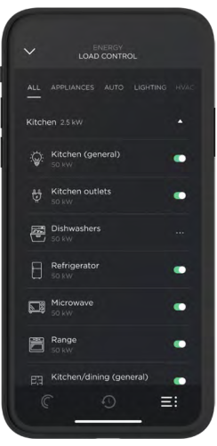 Savant Energy app “Load Control” phone screen: category tabs and a scrollable list of kitchen loads (general, outlets, dishwasher, refrigerator, microwave, range) each with wattage and green toggle switches.