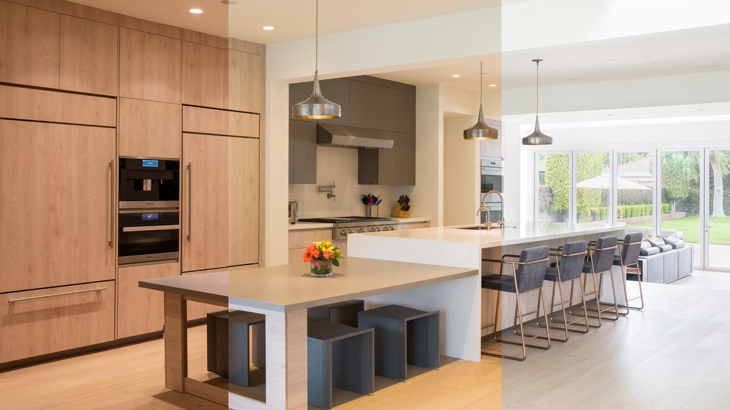 Open-concept modern kitchen with light wood cabinetry, two islands with stools, and pendant lights, shown with a split-screen effect demonstrating different lighting levels from warm indoor light on the left to bright daylight streaming through large glass doors on the right.